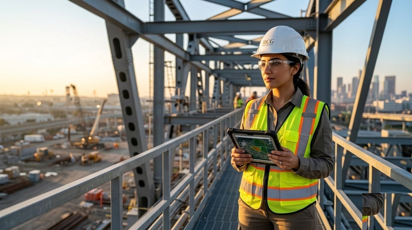 RCG field engineer on industrial structure surveying a job site at sunrise